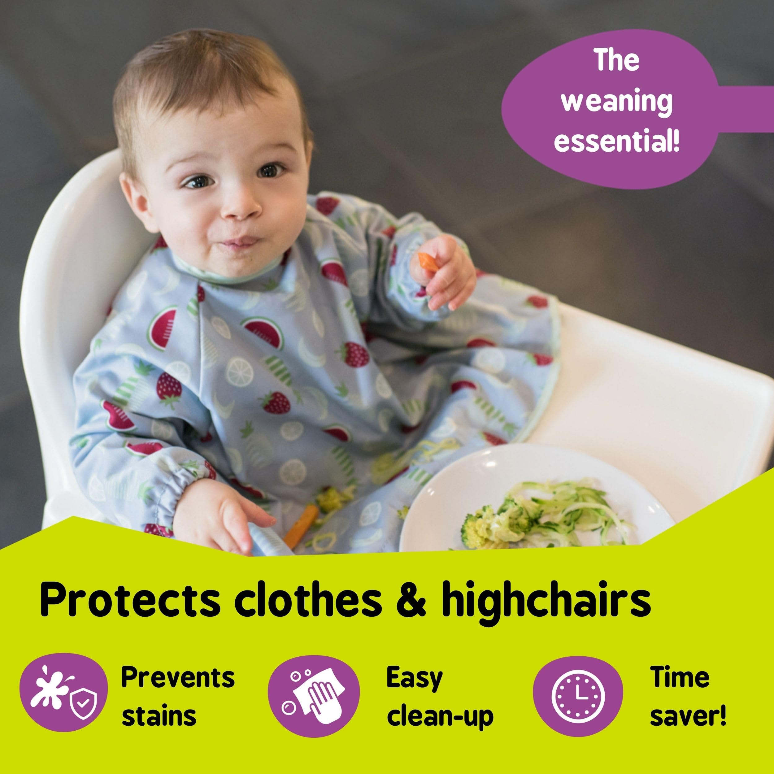 Tidy Tot - Cover & Catch Baby Bib - Mess Proof Long Sleeve Feeding Smock with Food Catcher Pocket - Attaches to Highchair - Waterproof Bib – Machine Washable. Fits 6-24 months - Fruit