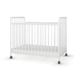 child craft little dreamer metal compact folding portable crib with 2” crib mattress and 2 easy roll locking wheels, durable metal construction, easy to clean (white)