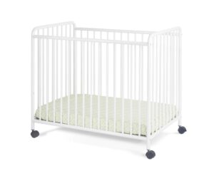 child craft siesta metal compact non-folding portable crib with 2” crib mattress and locking wheels, durable metal construction, easy to clean (white)