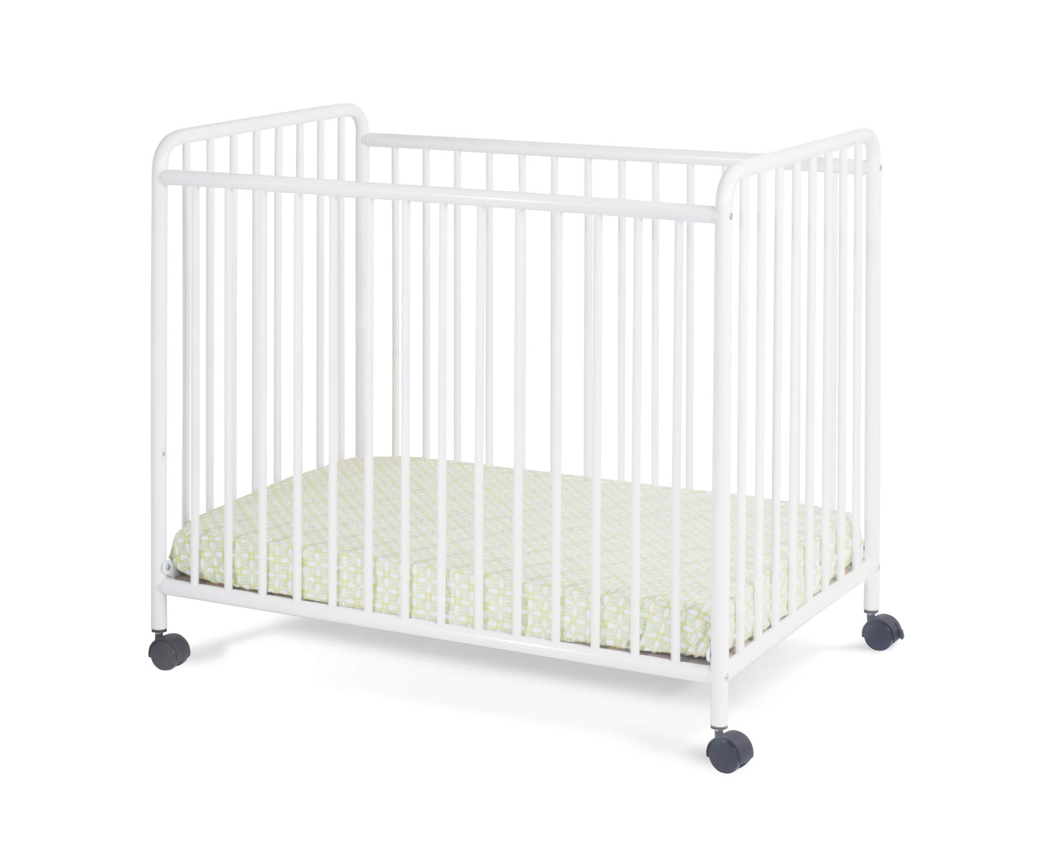 Child Craft Siesta Metal Compact Non-Folding Portable Crib with 2” Crib Mattress and Locking Wheels, Durable Metal Construction, Easy to Clean (White)