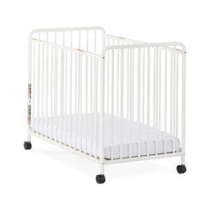 Child Craft Siesta Metal Compact Non-Folding Portable Crib with 2” Crib Mattress and Locking Wheels, Durable Metal Construction, Easy to Clean (White)