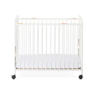 Child Craft Siesta Metal Compact Non-Folding Portable Crib with 2” Crib Mattress and Locking Wheels, Durable Metal Construction, Easy to Clean (White)