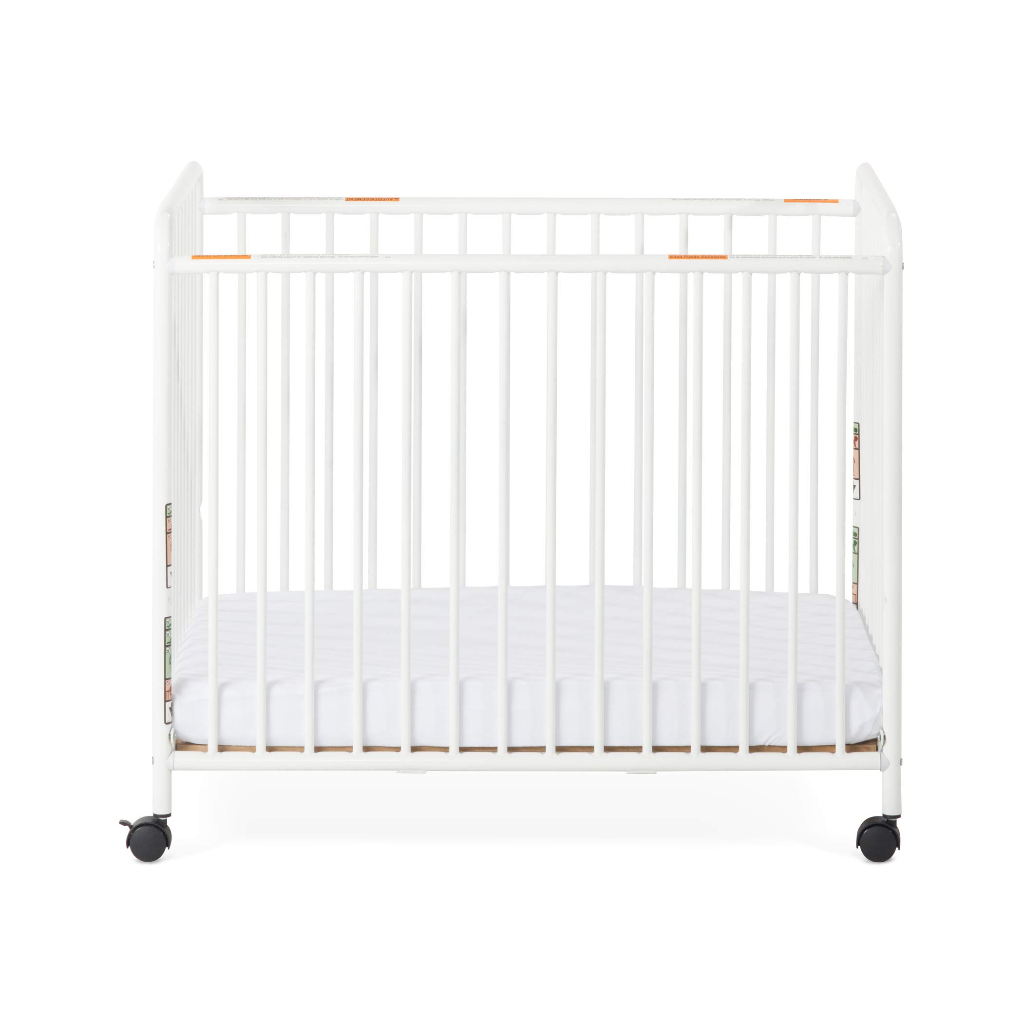 Child Craft Siesta Metal Compact Non-Folding Portable Crib with 2” Crib Mattress and Locking Wheels, Durable Metal Construction, Easy to Clean (White)