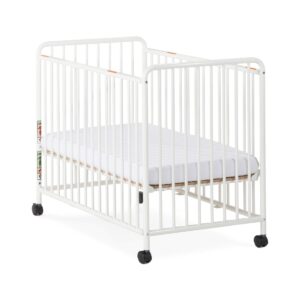 Child Craft Siesta Metal Compact Non-Folding Portable Crib with 2” Crib Mattress and Locking Wheels, Durable Metal Construction, Easy to Clean (White)