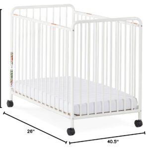 Child Craft Siesta Metal Compact Non-Folding Portable Crib with 2” Crib Mattress and Locking Wheels, Durable Metal Construction, Easy to Clean (White)