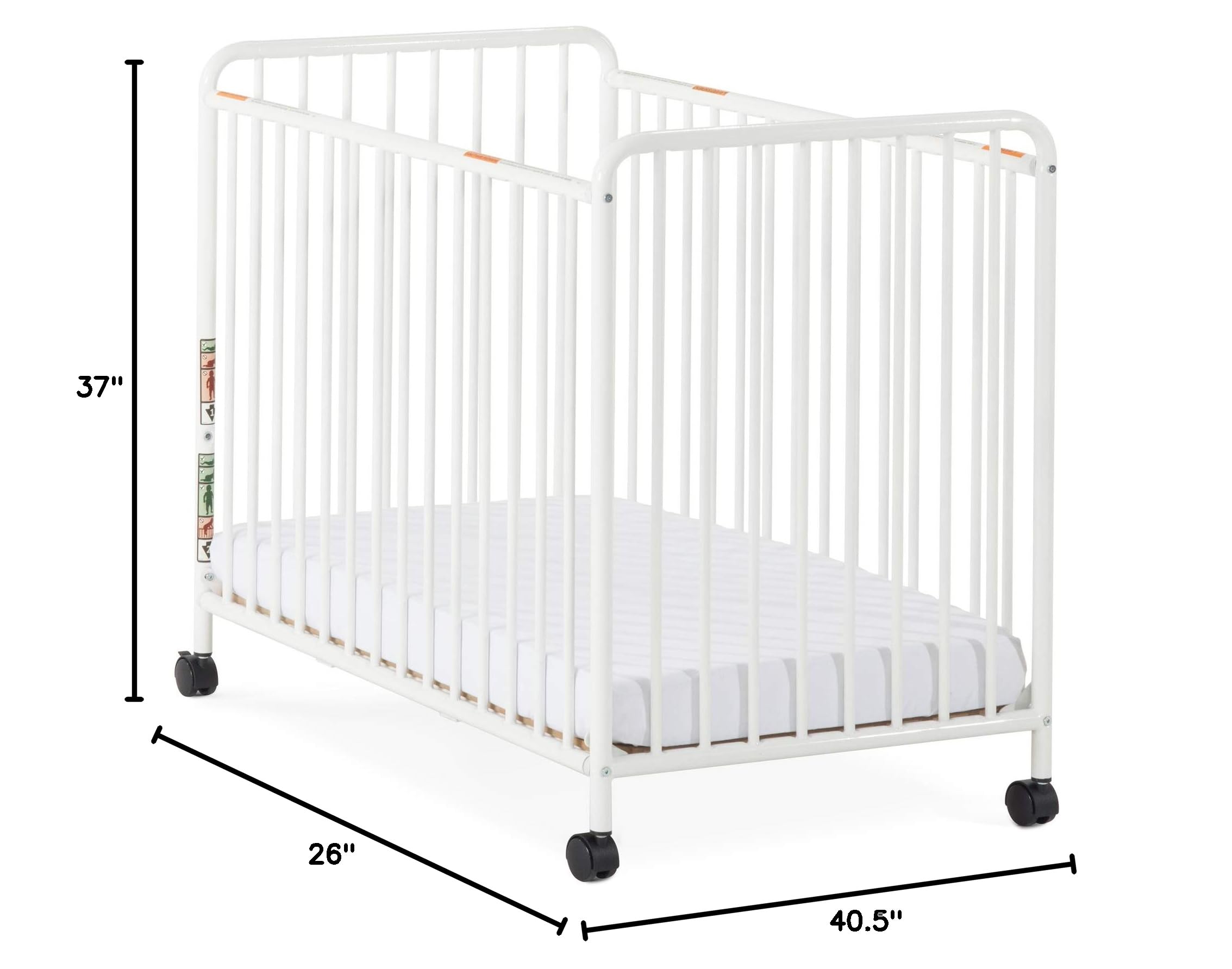 Child Craft Siesta Metal Compact Non-Folding Portable Crib with 2” Crib Mattress and Locking Wheels, Durable Metal Construction, Easy to Clean (White)