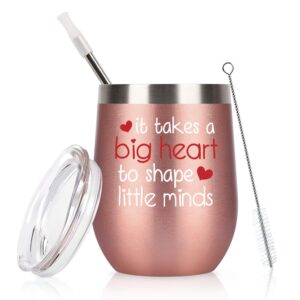 gingprous it takes a big heart to shape little minds wine tumbler, 12 oz stainless steel wine tumbler glass with lid and straw, funny birthday thank you teacher appreciation gifts for teachers women