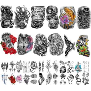 yazhiji 36 sheets temporary tattoos stickers include 12 sheets large stickers fake body arm chest shoulder tattoos for men and women