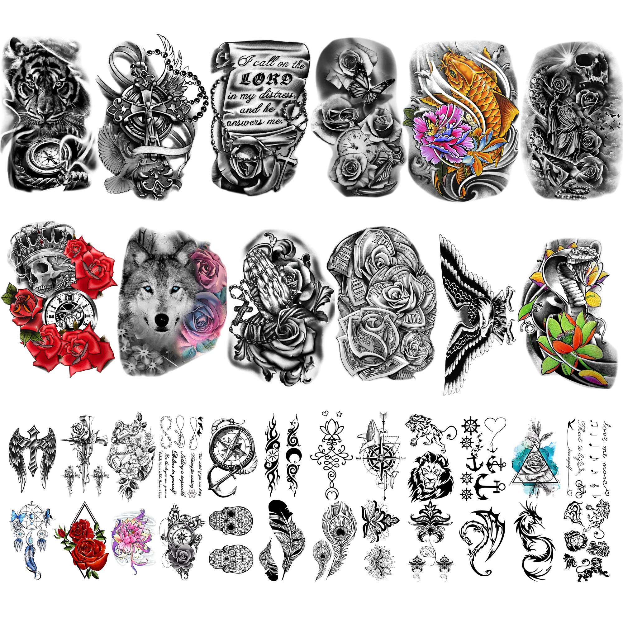 Yazhiji 36 Sheets Temporary Tattoos Stickers Include 12 Sheets Large Stickers Fake Body Arm Chest Shoulder Tattoos for Men and Women