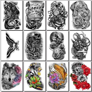 Yazhiji 36 Sheets Temporary Tattoos Stickers Include 12 Sheets Large Stickers Fake Body Arm Chest Shoulder Tattoos for Men and Women