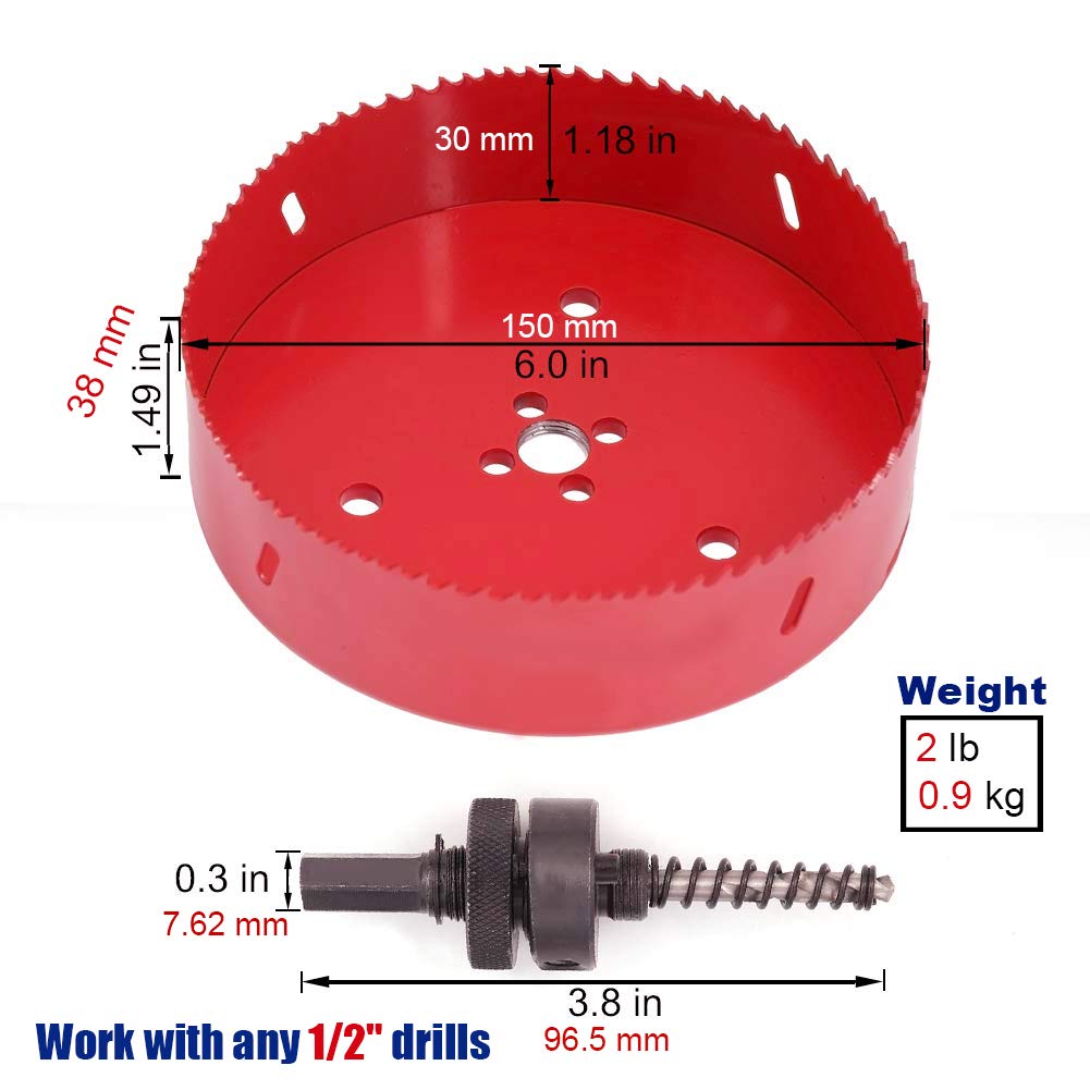 6 Inch Hole Saw for Cornhole Board Metal Plastic Fiberboard, 6 Inch (150mm) Hole Saws Heavy Duty Steel Design Great for Trim kit Making Cornhole Board (6 inch, Red)