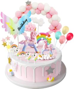 movinpe unicorn cake topper, magic unicorns sculpture, pink hairball arch, rainbow, wings birthday banner, cloud, balloon, stars, little unicorn rainbows, cake decoration for girl kid women party