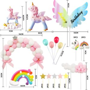 MOVINPE Unicorn Cake Topper, Magic Unicorns Sculpture, Pink Hairball Arch, Rainbow, Wings Birthday Banner, Cloud, Balloon, Stars, Little Unicorn Rainbows, Cake Decoration For Girl Kid Women Party