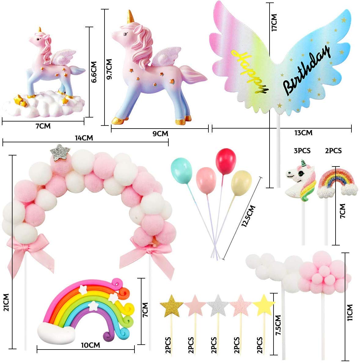 MOVINPE Unicorn Cake Topper, Magic Unicorns Sculpture, Pink Hairball Arch, Rainbow, Wings Birthday Banner, Cloud, Balloon, Stars, Little Unicorn Rainbows, Cake Decoration For Girl Kid Women Party