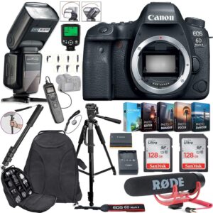 canon eos 6d mark ii dslr camera (body only) bundle includes 2x 128gb memory, ttl auto flash, backpack, rode microphone, time remote with lcd, photo/video software package & more