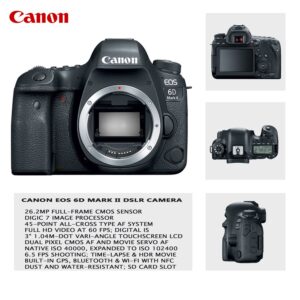 Canon EOS 6D Mark II DSLR Camera (Body Only) Bundle Includes 2X 128GB Memory, TTL Auto Flash, Backpack, Rode Microphone, Time Remote with LCD, Photo/Video Software Package & More