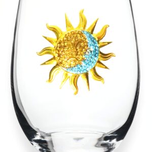 THE QUEENS' JEWELS Sun and Moon Jeweled Stemless Wine Glass, 21 oz. - Unique Gift for Women, Birthday, Cute, Fun, Not Painted, Decorated, Bling, Bedazzled, Rhinestone