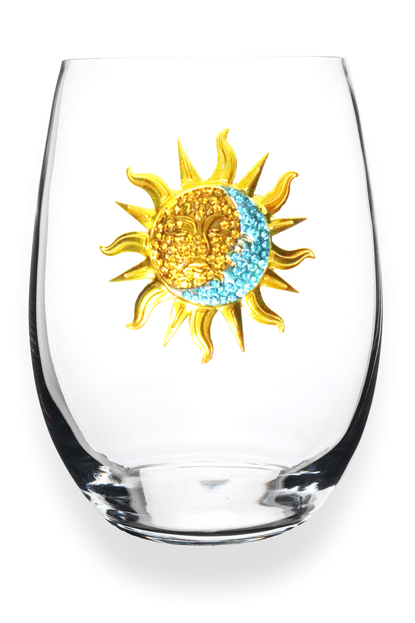 THE QUEENS' JEWELS Sun and Moon Jeweled Stemless Wine Glass, 21 oz. - Unique Gift for Women, Birthday, Cute, Fun, Not Painted, Decorated, Bling, Bedazzled, Rhinestone