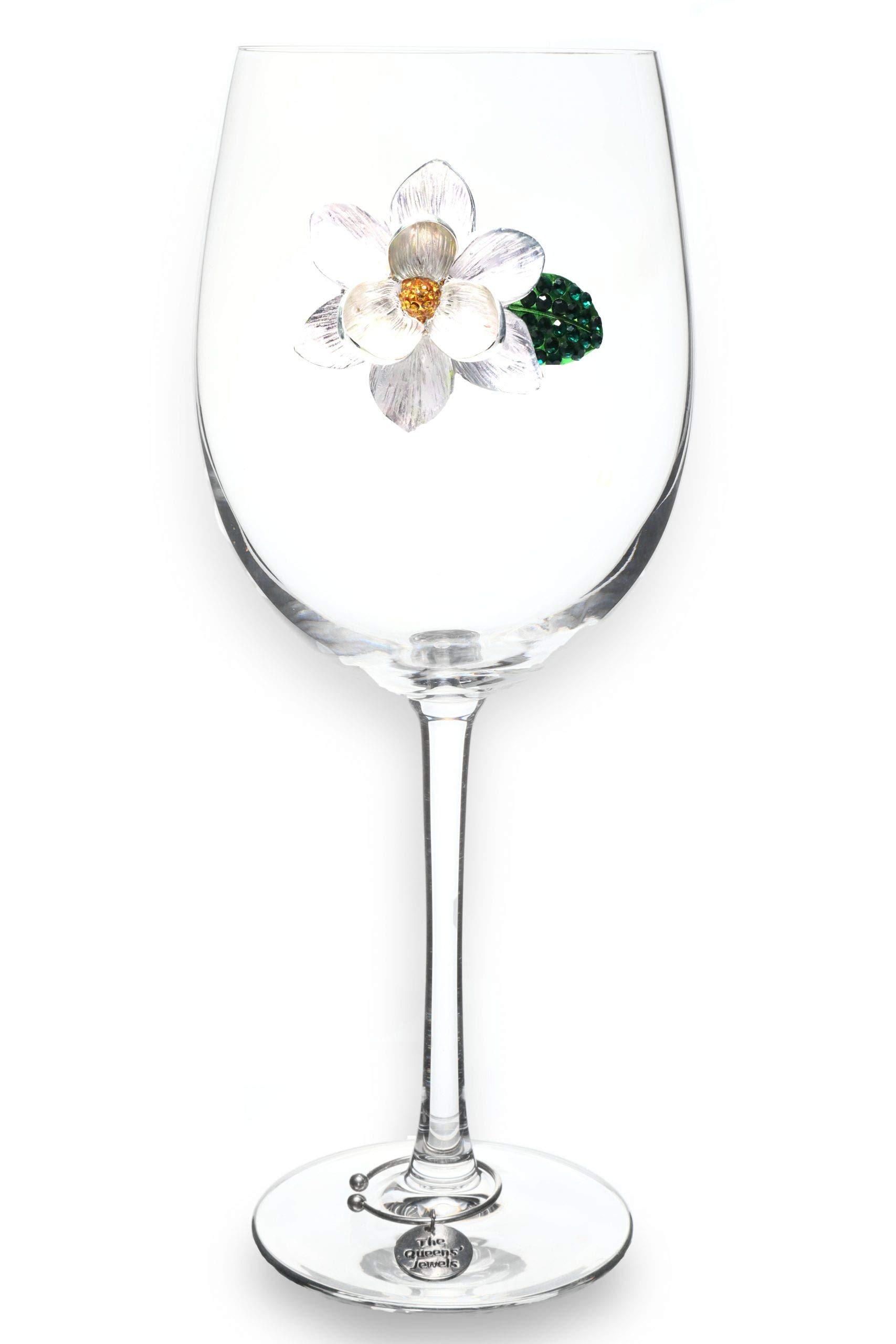 THE QUEENS' JEWELS Magnolia Jeweled Stemmed Wine Glass, 21 oz. - Unique Gift for Women, Birthday, Cute, Fun, Not Painted, Decorated, Bling, Bedazzled, Rhinestone