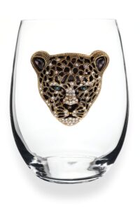 the queens' jewels gold leopard jeweled stemless wine glass, 21 oz. - unique gift for women, birthday, cute, fun, not painted, decorated, bling, bedazzled, rhinestone