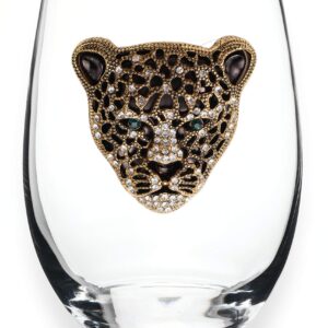 THE QUEENS' JEWELS Gold Leopard Jeweled Stemless Wine Glass, 21 oz. - Unique Gift for Women, Birthday, Cute, Fun, Not Painted, Decorated, Bling, Bedazzled, Rhinestone