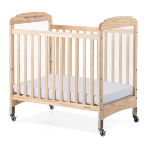foundations serenity compact clearview daycare crib, fixed side, durable wood construction, adjustable mattress board, clear end panels. includes 3” infapure foam mattress (natural)