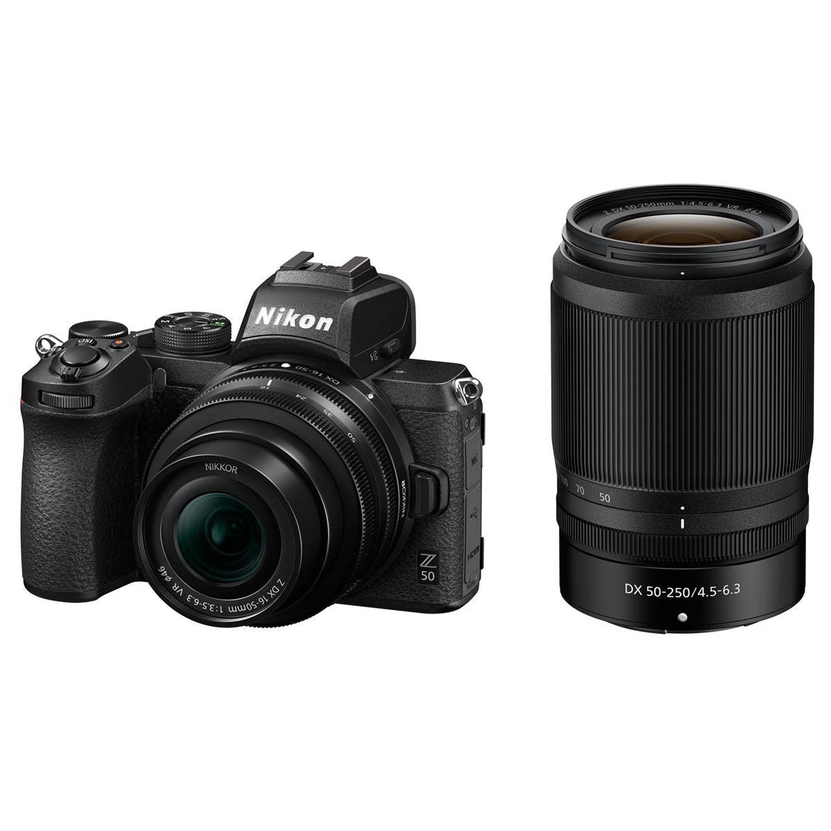 Nikon Z50 DX-Format Mirrorless Camera with NIKKOR Z DX 16-50mm f/3.5-6.3 VR and Z DX 50-250mm f/4.5-6.3 VR Lenses - Bundle with Camera Case, 32GB SDHC U3 Card, 62/46mm Filter Kits, PC Software, More