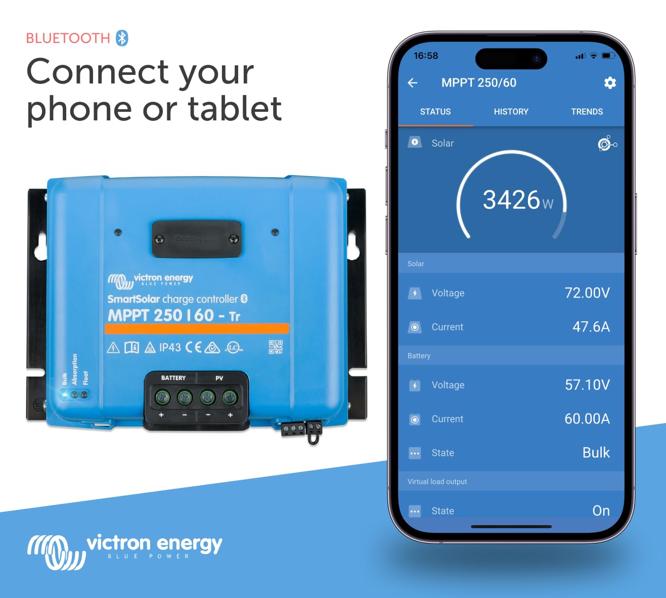 Victron Energy SmartSolar MPPT Tr 250V 60 amp 12/24/36/48-Volt Solar Charge Controller (Bluetooth)