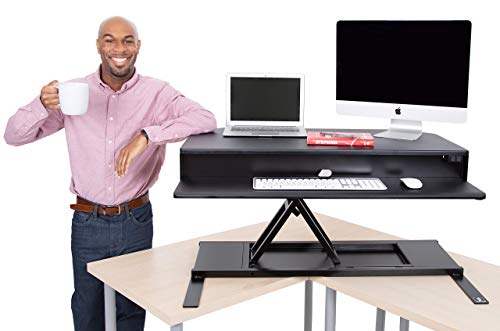 Flexpro Power 40 Inch Electric Corner Desk Converter for Cubicles and L-Shaped Desks with Quiet Height Adjustments, Large Dual Level Sit to Stand Computer Workspace (Black, 44in x 32in)