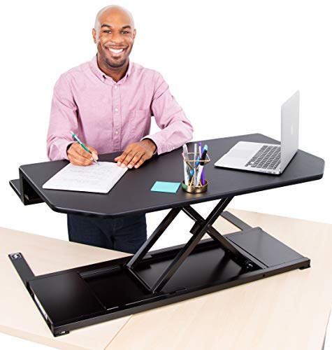 Flexpro Power 40 Inch Electric Corner Desk Converter for Cubicles and L-Shaped Desks with Quiet Height Adjustments, Large Dual Level Sit to Stand Computer Workspace (Black, 44in x 32in)