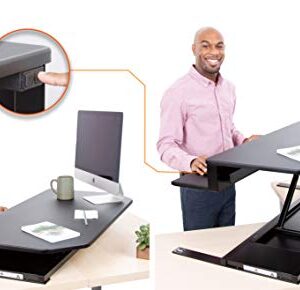 Flexpro Power 40 Inch Electric Corner Desk Converter for Cubicles and L-Shaped Desks with Quiet Height Adjustments, Large Dual Level Sit to Stand Computer Workspace (Black, 44in x 32in)