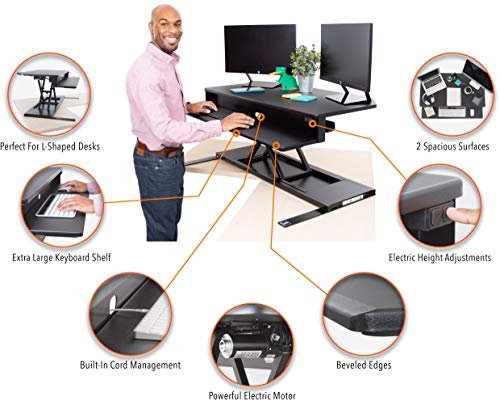 Flexpro Power 40 Inch Electric Corner Desk Converter for Cubicles and L-Shaped Desks with Quiet Height Adjustments, Large Dual Level Sit to Stand Computer Workspace (Black, 44in x 32in)