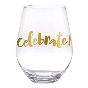 slant collections clear with gold writing birthday gift jumbo stemless wine glass holds a whole wine bottle, 30-ounces, celebrate!