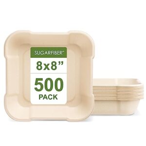 [500 count]harvest pack 8" x 8" compostable disposable food trays, eco-friendly square serving container made from plant fibers meal prep takeout dinnerware plates catering