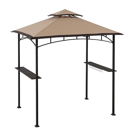 Sunjoy 5 x 8 ft Grill Gazebo with Double Tiered Canopy Roof, Black Steel Frame Grill Gazebo for Outdoor, Patio, Garden, and Backyard Activities, Tan and Brown