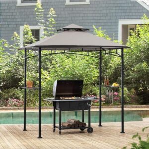 Sunjoy 5 x 8 ft Grill Gazebo with Double Tiered Canopy Roof, Black Steel Frame Grill Gazebo for Outdoor, Patio, Garden, and Backyard Activities, Tan and Brown