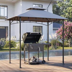 Sunjoy 5 x 8 ft Grill Gazebo with Double Tiered Canopy Roof, Black Steel Frame Grill Gazebo for Outdoor, Patio, Garden, and Backyard Activities, Tan and Brown