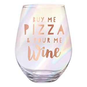 slant collections iridescent with rose gold writing funny birthday gift jumbo stemless wine glass holds a whole wine bottle, 30-ounces, pizza & wine