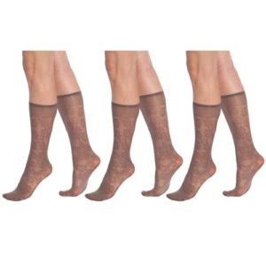 aws/american made sheer knee high socks for women pack of 3 pairs 15 denier stay up band (mink flower patterned)