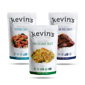 kevin's natural foods keto and paleo simmer sauce variety pack - stir-fry sauce, gluten free, no preservatives, non-gmo - 3 pack (teriyaki/thai coconut/korean bbq)