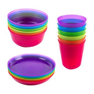 Cuddly Hippo Kids Plastic Dinnerware Set of 18 Multi Color Pieces (Plates, Bowls, and Cups) - Reusable, BPA-Free, Dishwasher Safe and Microwaveable