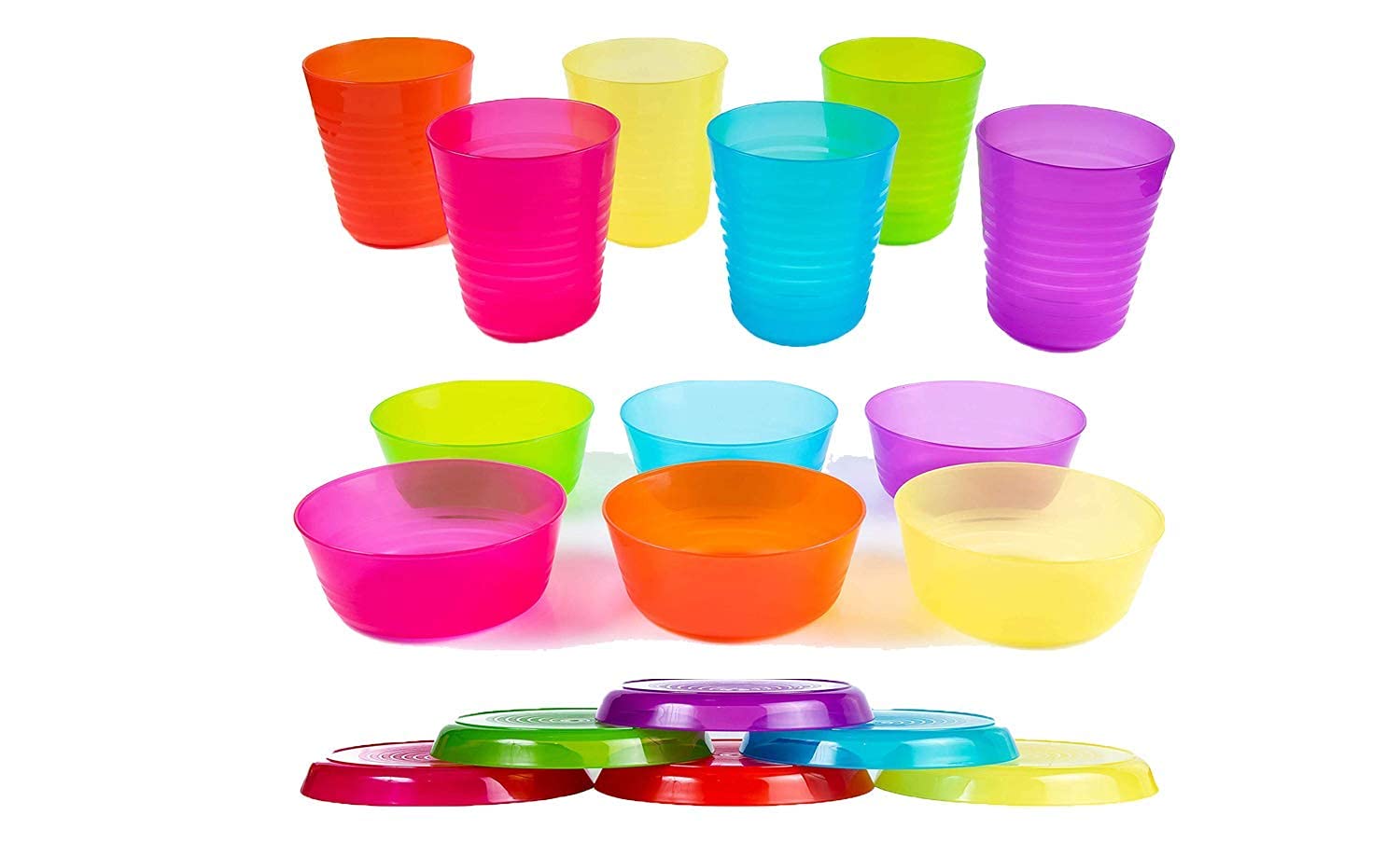 Cuddly Hippo Kids Plastic Dinnerware Set of 18 Multi Color Pieces (Plates, Bowls, and Cups) - Reusable, BPA-Free, Dishwasher Safe and Microwaveable