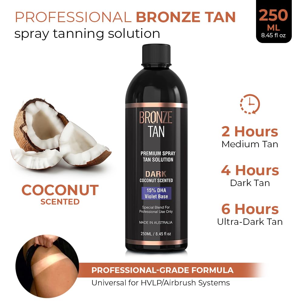 Bronze Tan Spray Tan Solution Professional Tanning Solution for Spray Tan Machine - Coconut Scented Sunless Tanning Solution Dark for Airbrush Tan (250ml / 8.45fl oz)