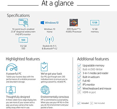 HP 24-inch All-in-One Touchscreen Desktop Computer, AMD Ryzen 5 4500U Processor, 12 GB RAM, 512 GB SSD, Windows 10 Home (24-dp0160, Silver)