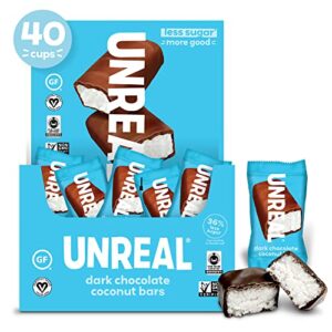 unreal dark chocolate coconut bars (40 mini bars) | vegan, 3g sugar, & 3 simple ingredients | non-gmo, gluten free, & fair trade | .53oz each
