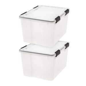 iris usa weatherpro 47 quart stackable storage box with airtight gasket seal lid, heavy duty containers with tight latches, weather proof bins for closet basement attic, 2 pack - clear/black