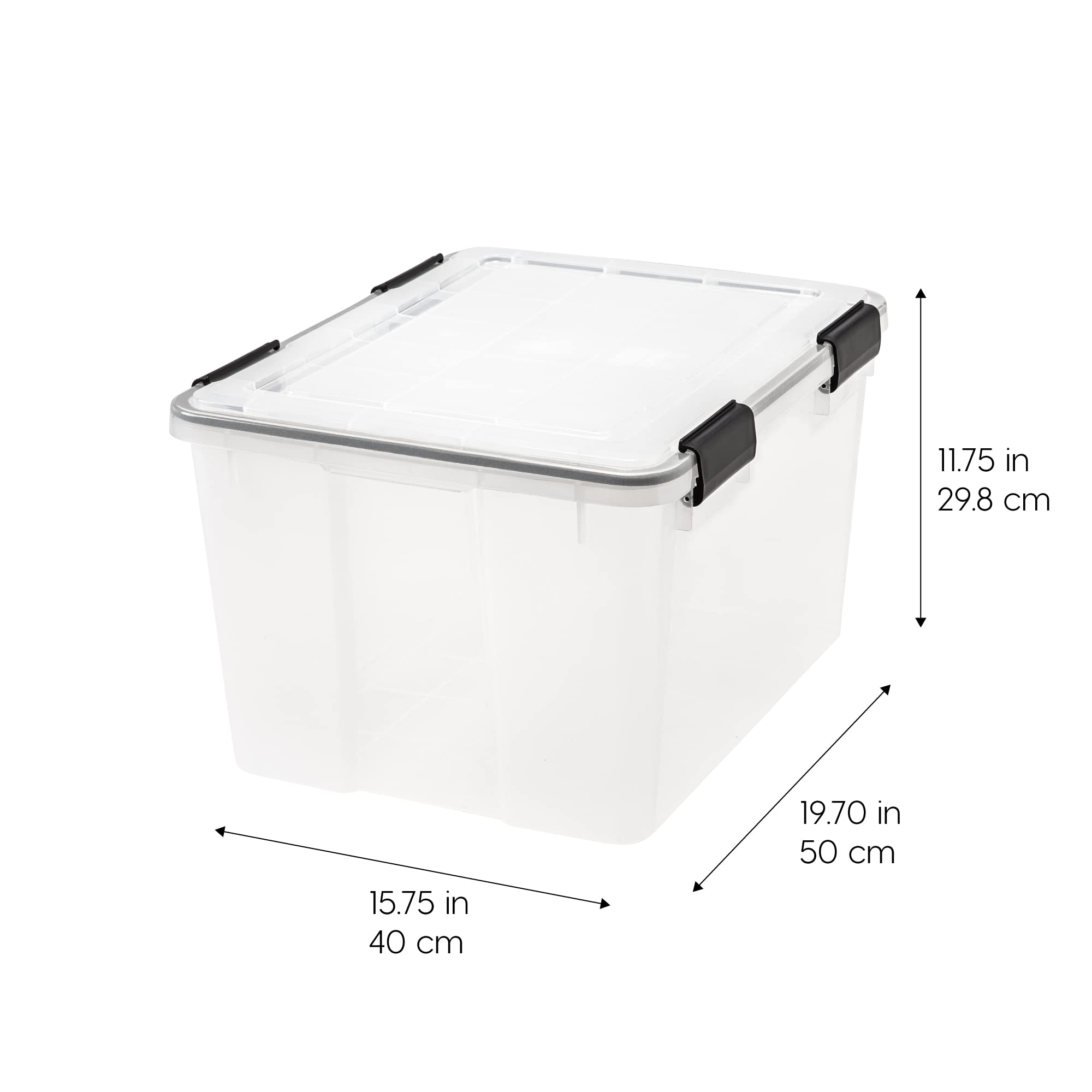 IRIS USA WEATHERPRO 47 Quart Stackable Storage Box with Airtight Gasket Seal Lid, Heavy Duty Containers with Tight Latches, Weather proof Bins for Closet Basement Attic, 2 Pack - Clear/Black