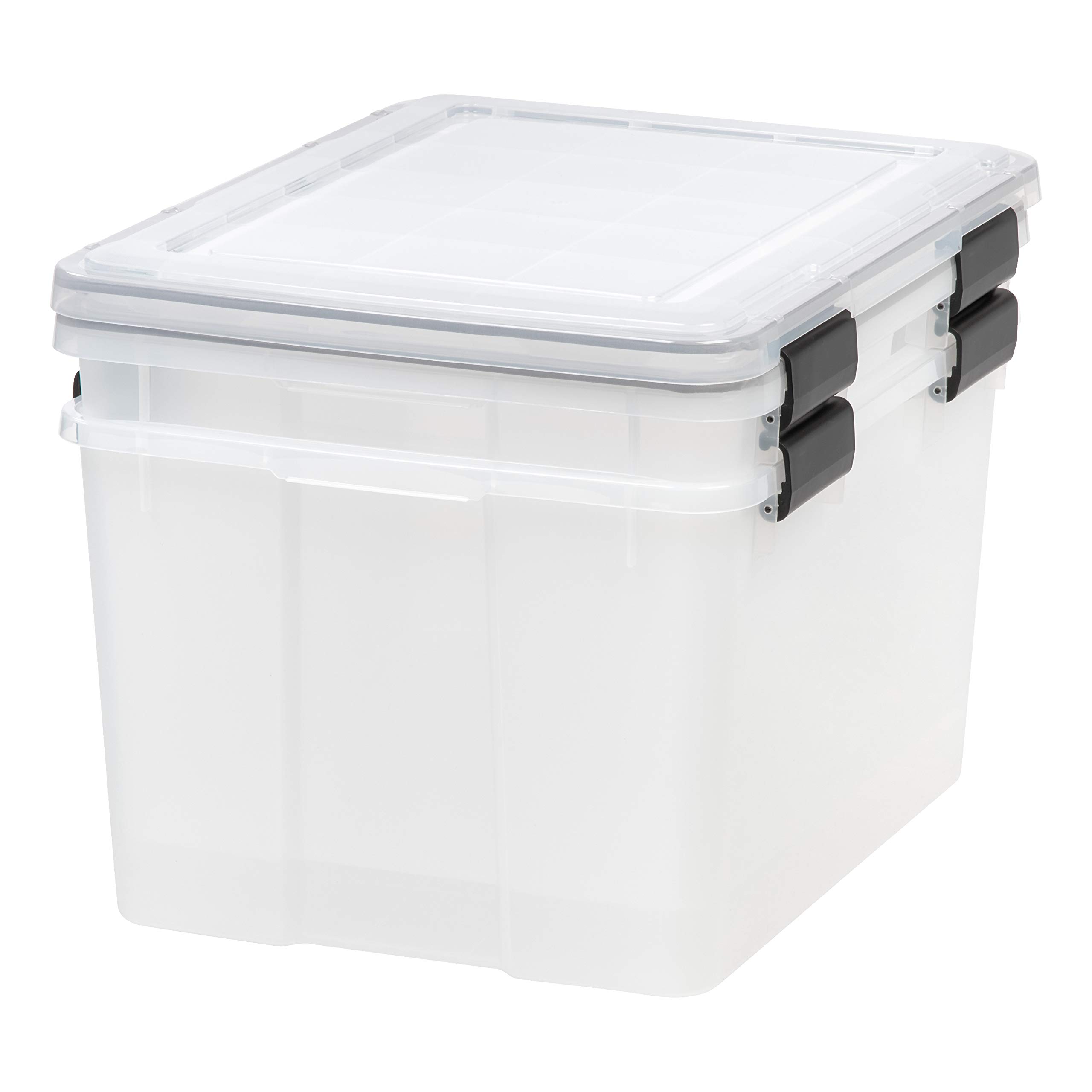 IRIS USA WEATHERPRO 47 Quart Stackable Storage Box with Airtight Gasket Seal Lid, Heavy Duty Containers with Tight Latches, Weather proof Bins for Closet Basement Attic, 2 Pack - Clear/Black