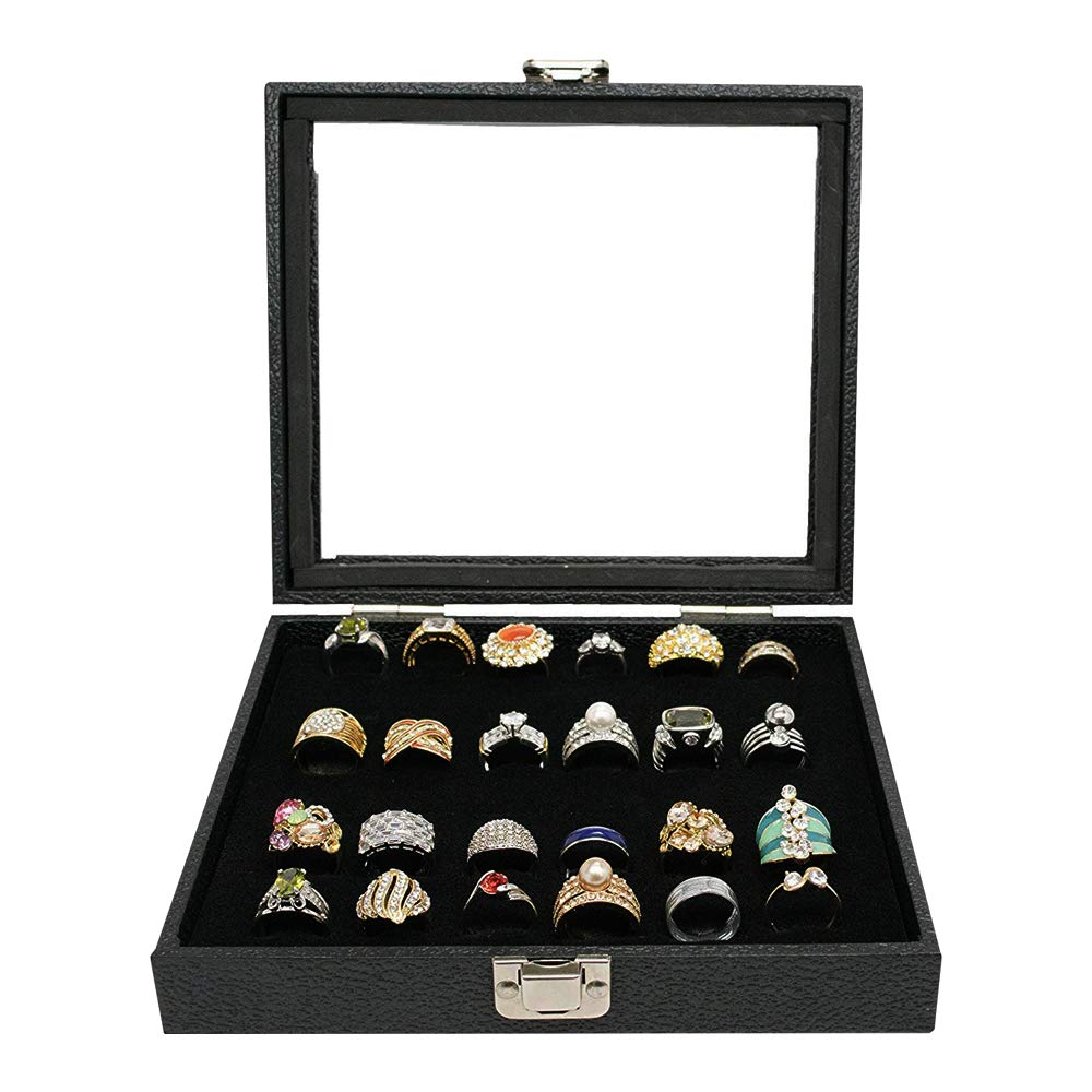 Barelove Jewelry Rings Storage Organizer Case, Black Wooden 36 Slot Velvet Glass Ring Storage Box Display, Earrings Stand Boxes Holder Organized Tray for Jewelry Showcase