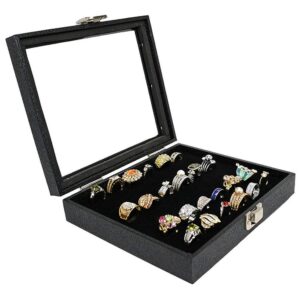 Barelove Jewelry Rings Storage Organizer Case, Black Wooden 36 Slot Velvet Glass Ring Storage Box Display, Earrings Stand Boxes Holder Organized Tray for Jewelry Showcase